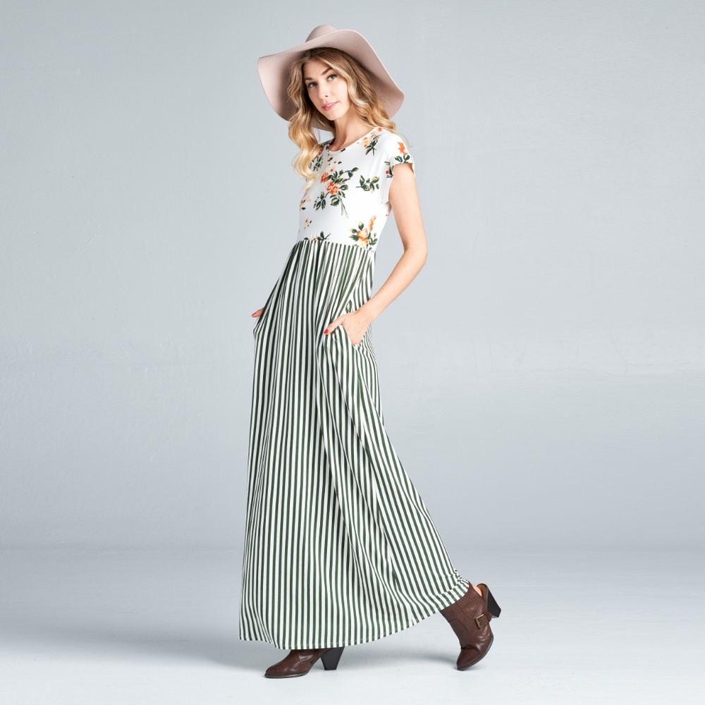 Olive Floral Striped Maxi Dress